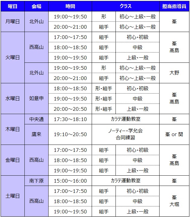 各教室の週間スケジュール