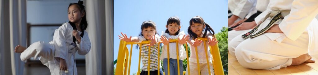 蹴りの練習をする空手キッズ、公園の遊具で遊ぶ女の子たち