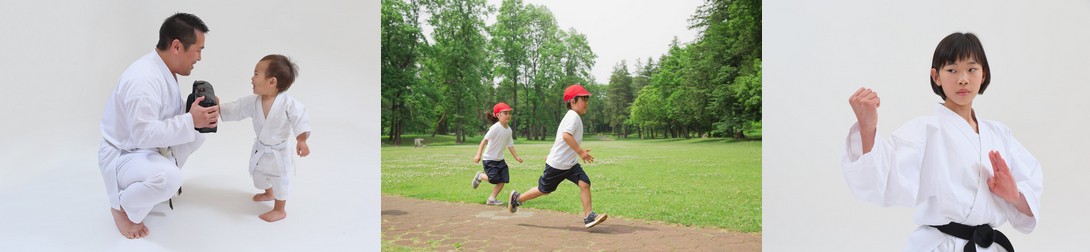 空手の練習をする先生と小さな子供、空手の構えを取る女の子
