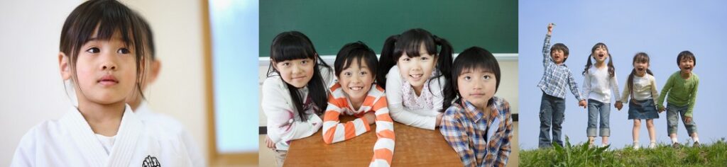 空手をする女の子、学校の教室にて、公園で手をつなぐ子どもたち