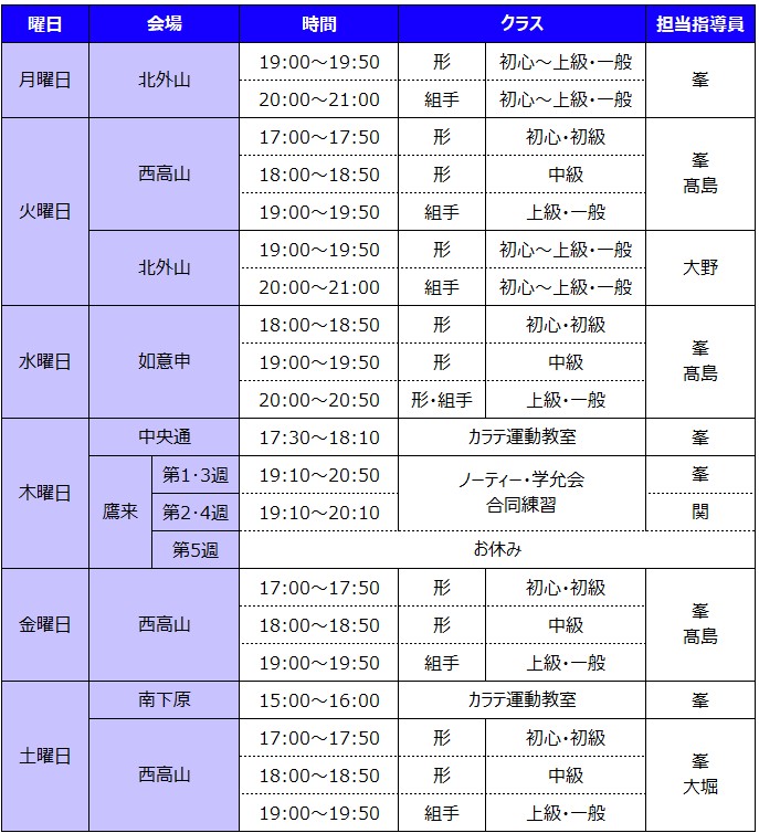 各教室の週間スケジュール
